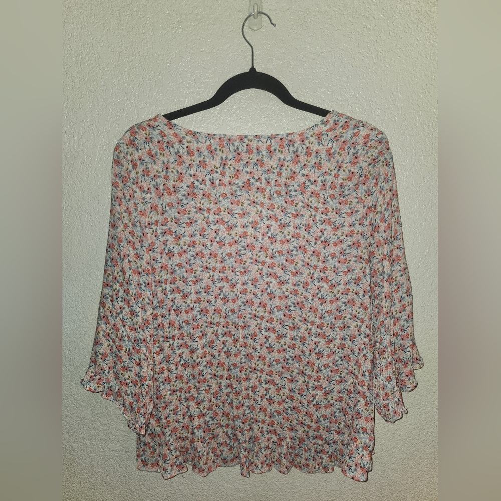 GUC Cynthia Rowley "V-Neck 3/4 Bell Sleeves All Over Floral Ruffle Trim Top" XL - Picture 11 of 12